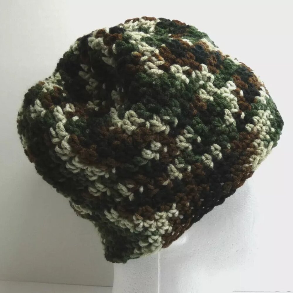 Camo Beanie 9" Baggy Cap OS Forest Camouflage Hat Handmade Crochet Hand Knit USA